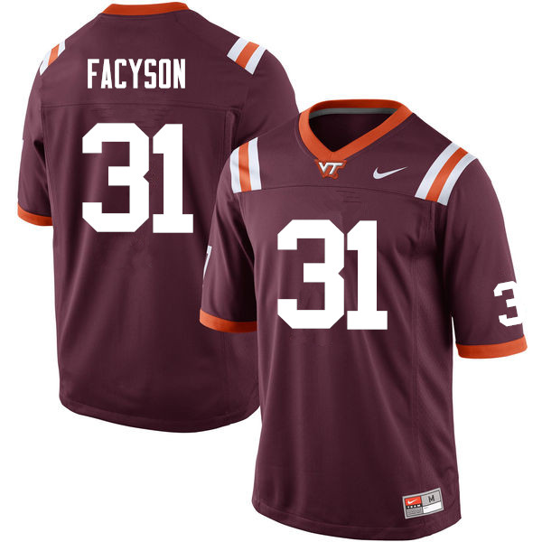 Men #31 Brandon Facyson Virginia Tech Hokies College Football Jerseys Sale-Maroon